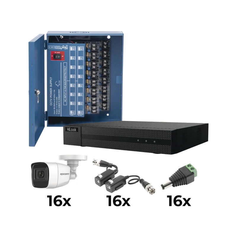 KIT Turbo HD 1080p / DVR 16 Canales / 16 Cámaras Bala Policarbonato con Micrófono (exterior 2.8 mm) / Transceptores / Conectores / Fuente de Poder Profesional
